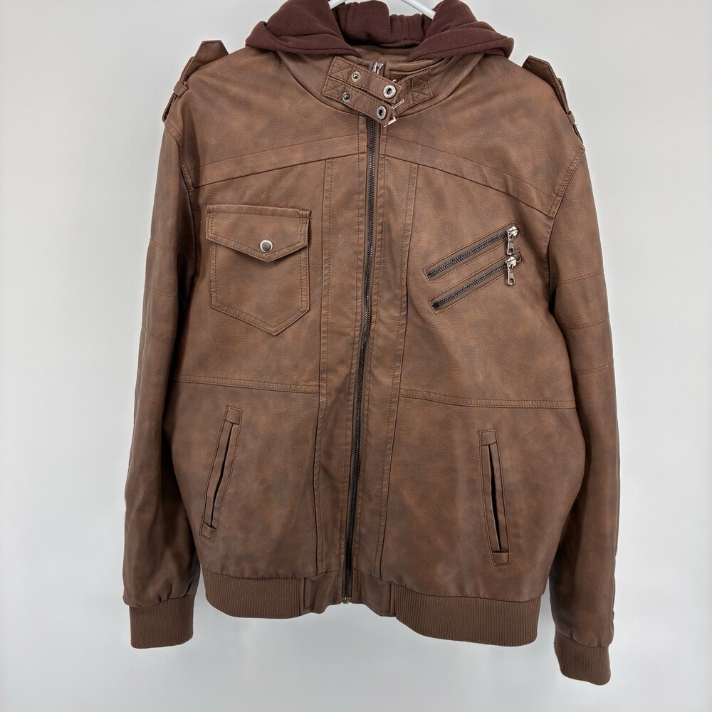 Dixon Leather Mens Large Brown Faux Leather Moto Jacket Removable Hood